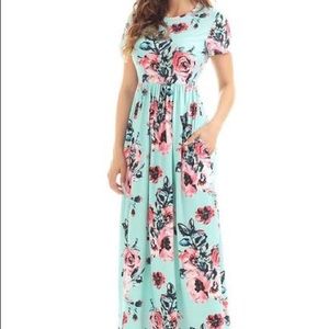 3/4 Sleeve Mint Floral Maxi Dress